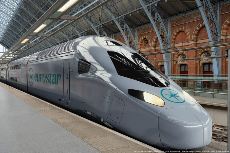 Eurostar Celestia train arriving in London St Pancras. CGI picture. Colours and livery not final. ©ALSTOM SA ©SPEEDINNOV SAS 2025. Advanced & Creative Design | Avelia Horizon™.