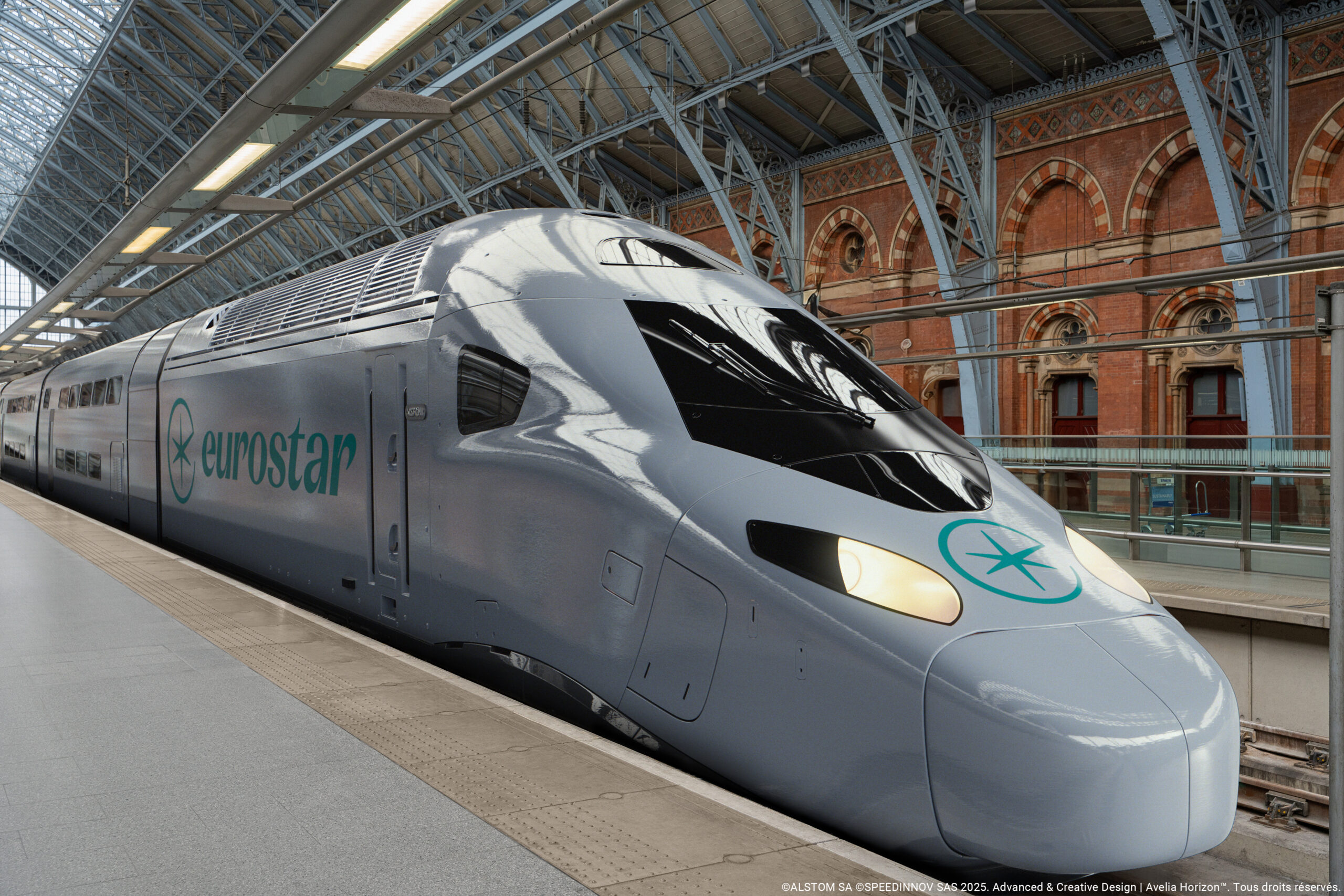 Eurostar Celestia train arriving in London St Pancras. CGI picture. Colours and livery not final. ©ALSTOM SA ©SPEEDINNOV SAS 2025. Advanced & Creative Design | Avelia Horizon™.